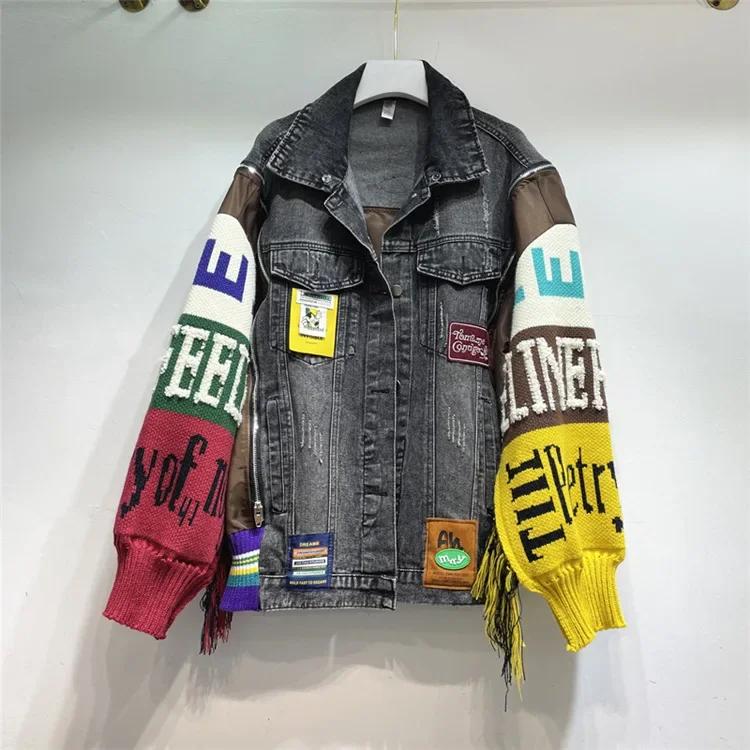 Damen Jeansjacke mit Buchstaben und Abzeichen, Stickerei, Strickpullover mit gespleißten Ärmeln, Quasten, Jeansjacke, Streetwear, Strickjacke, Tops XL schwarz