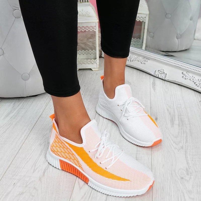 Vulkanisierte Damen-Sneakers aus Mesh für Damen, Schnürschuhe, runde Zehenpartie, niedrige Absätze, bequeme Freizeitschuhe für Damen 38 orange
