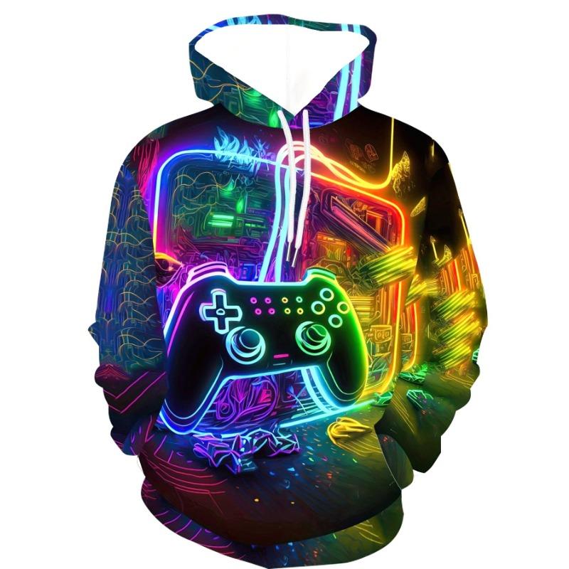 Herren Neon Glow Gaming Grafik Kapuzenpullover 3D-Druck Controller-Design Mit Mehrfarbiger Kleidung Spielekonsole Sweatshirts M