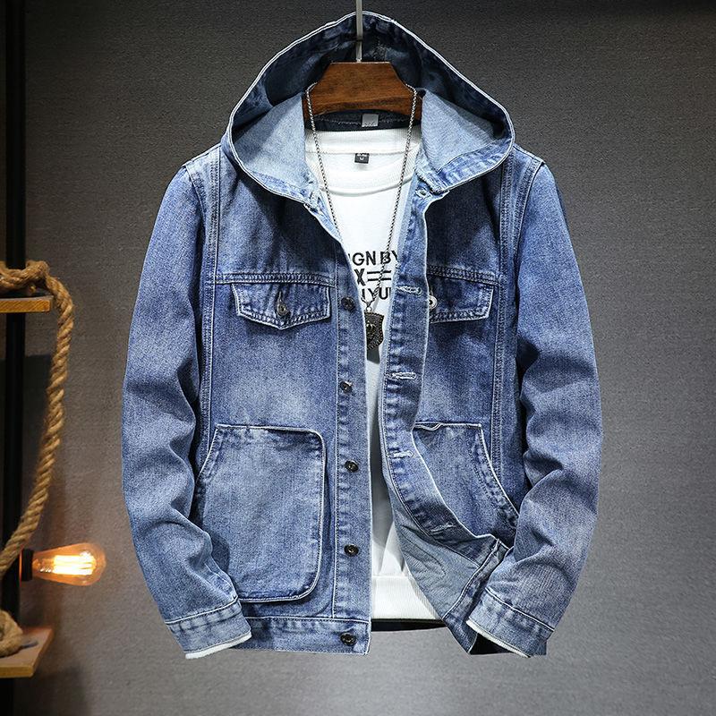 Frühlings-Herren-Jeansjacke mit Kapuze, lässige Mode, Sport-Jeansjacke S hellblaue