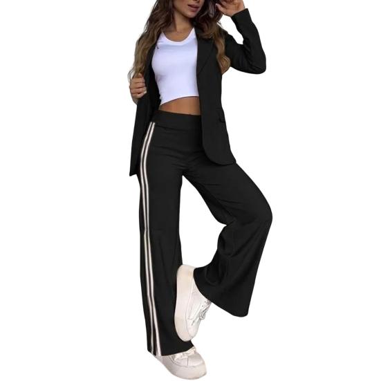 2-teiliges Set mit formellem Mantel und Hose für Damen, Umlegekragen, lange Ärmel, Jacke, lockere, gestreifte Hose mit weitem Bein, lässiges Alltagsoutfit zum Pendeln L schwarz