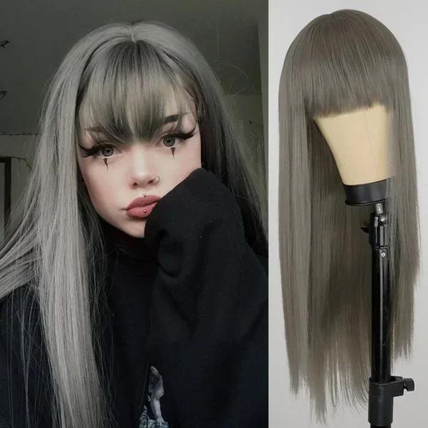 Lange Gerade Rote Schwarz Graue Rosa Perücke mit Pony Synthetische Haarperücke für Frauen Hitzebeständig Cosplay Abschlussball Accessoires Grey gray