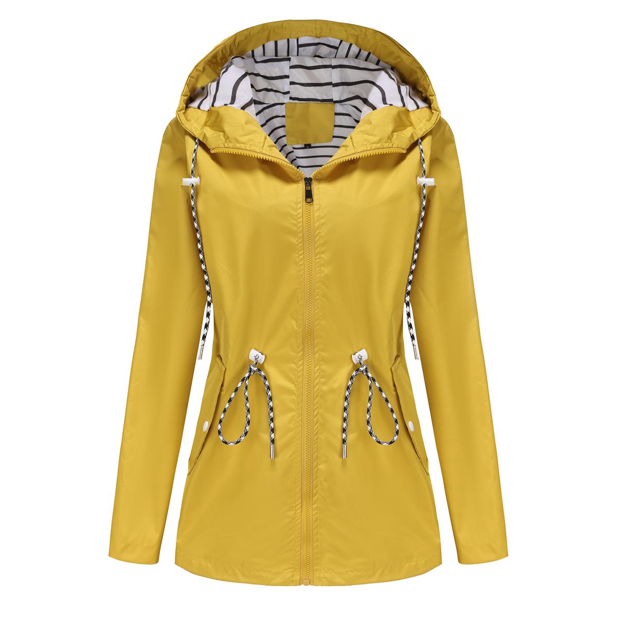Damen-Windjacke mit Kapuze, Streifen-Kordelzug, wasserabweisende Windjacke, lange Ärmel, übergroßer, lockerer Regenmantel, mittellanger Reißverschluss, winddichte Jacken M gelb