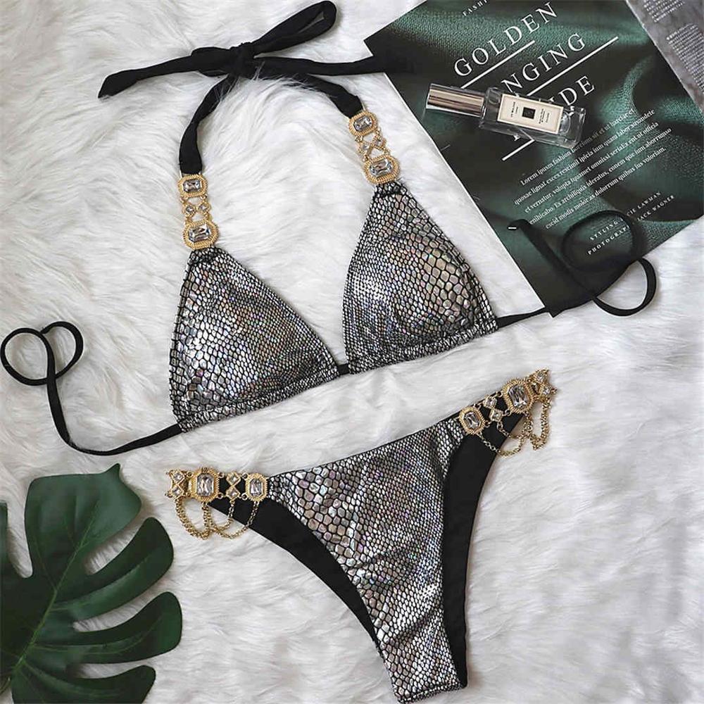 Schlangenhaut Neckholder Bikini Damen Bademode Damen Badeanzug Zweiteiliger Bikini Set Shiny Diamond Bather Badeanzug S silber