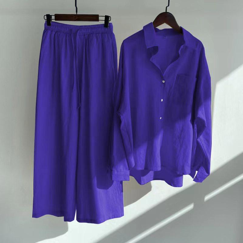 Damen zweiteiliger Anzug Retro Plus Size Baumwolle Leinen Hemd Anzug Hohe Taille Lose Hosen für Frauen XXXXL ultramarin blau