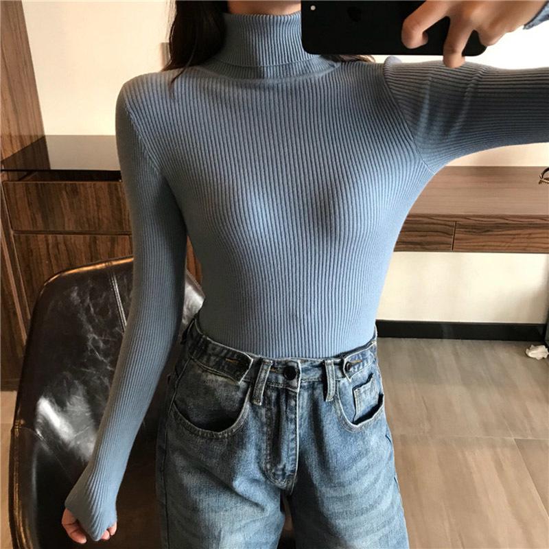 Gerippte Pullover Frauen Pullover Jumper Winter Schlank Rollkragen Gestrickte Pullover Weibliche Weiche Warme Langarm Strickwaren Pullover One Size blau
