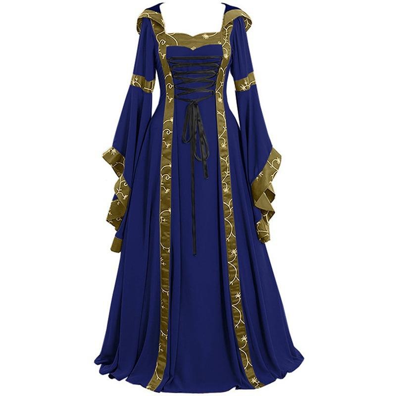 Damen Mittelalter Vintage Hofstil Kapuzenkleid Quadratischer Ausschnitt Ausgestellter Ärmel Großes Schwingkleid L blue