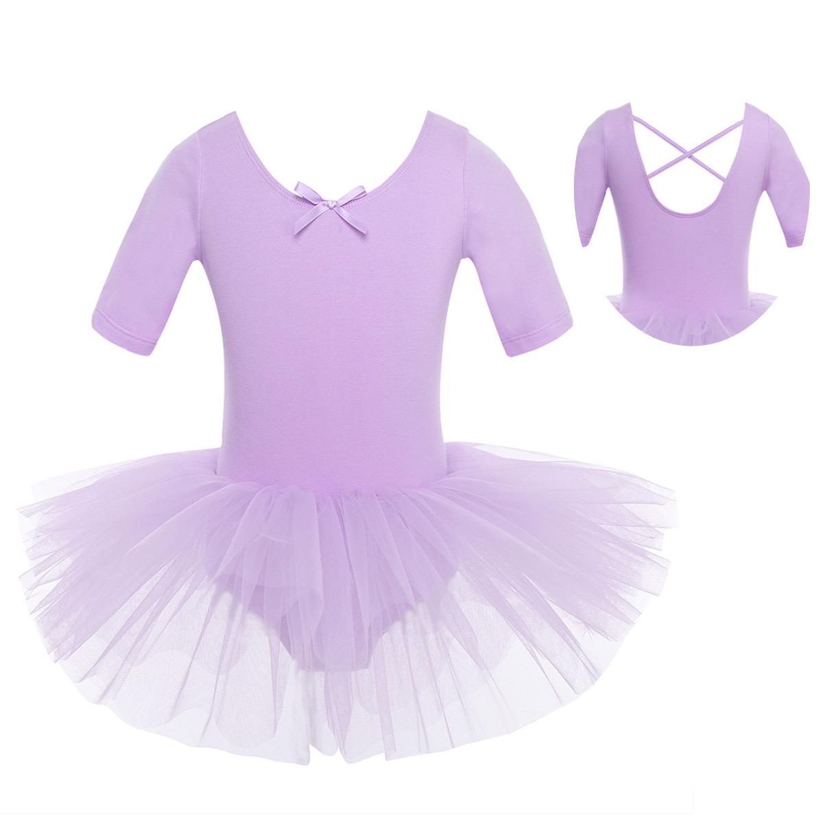 Ballett Kleid Kinder Halbarm Baumwolle Tanz Ballett Tutu Kleid Trikot Mädchen Gymnastik Dancewear Ballerina Party Kostüme 5-6 Years violett