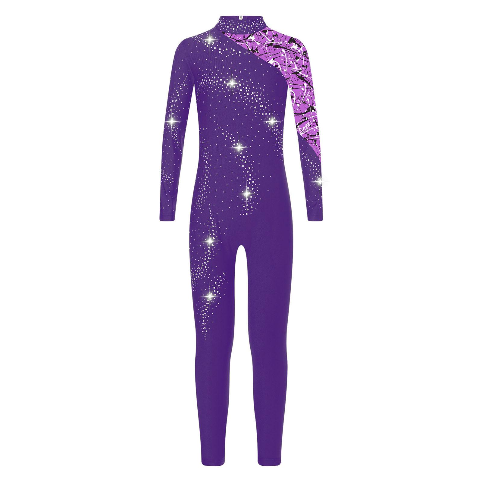 Mädchen Strass Jumpsuit Stehkragen Langarm Bedruckter Turnanzug Glänzendes Design Gymnastik Performance-Bekleidung 7-8 Years violett