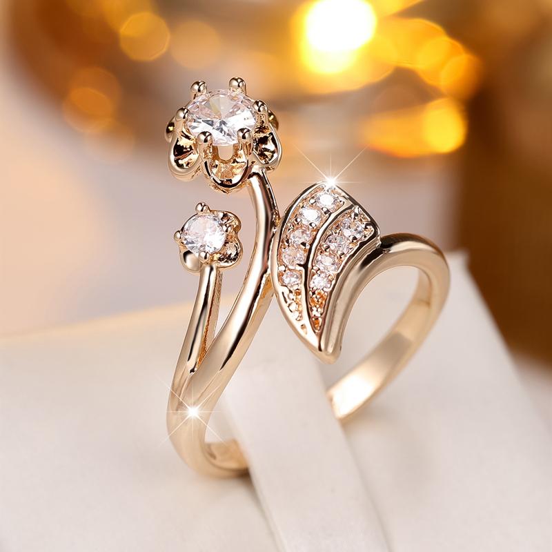 Luxus Weiß Zirkon Blume Blatt Ringe Für Frauen Mädchen Gold Farbe Hochzeit Engagement Schmuck 9 gold