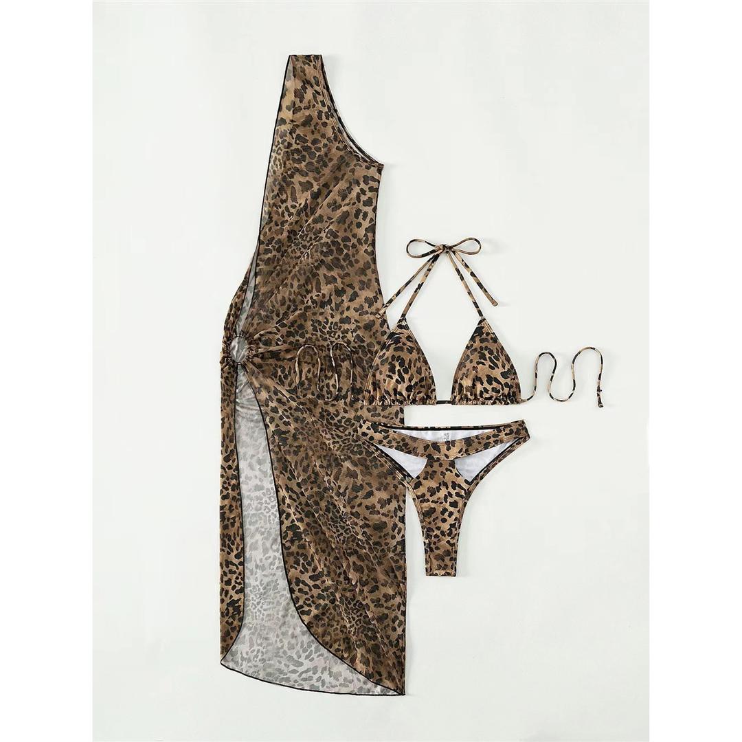 Mit Cover Up Leopard Halter Bikini Weiblichen Badeanzug Frauen Bademode Drei-stück Bikini set Badende Badeanzug Schwimmen Dame M Leo-Print