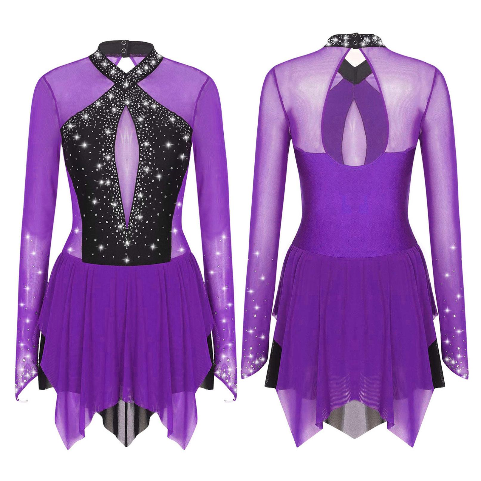 Frauen Glänzende Strass Eiskunstlauf Kleid Ballett Rhythmische Gymnastik Lyrical Dance Kostüm Langarm Sheer Mesh Trikot Kleid XL violett