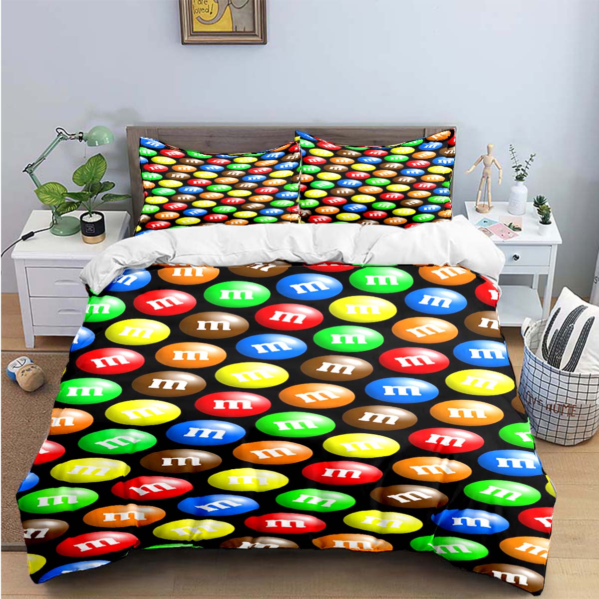 Modische M&M Schokoladen Logo Print Bettwäsche Sets Exquisites Bettwaren Set Bettbezug Bettdecke Set Bettwäsche Set Luxus Geschenk AU Double(180*210cm)3pcs