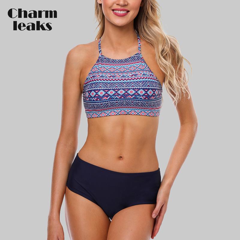 Charmleaks Damen-Bikini-Set, Neckholder, Badebekleidung, hoher Ausschnitt, Badeanzug, bedruckt, Badeanzug, Strandmode M blau