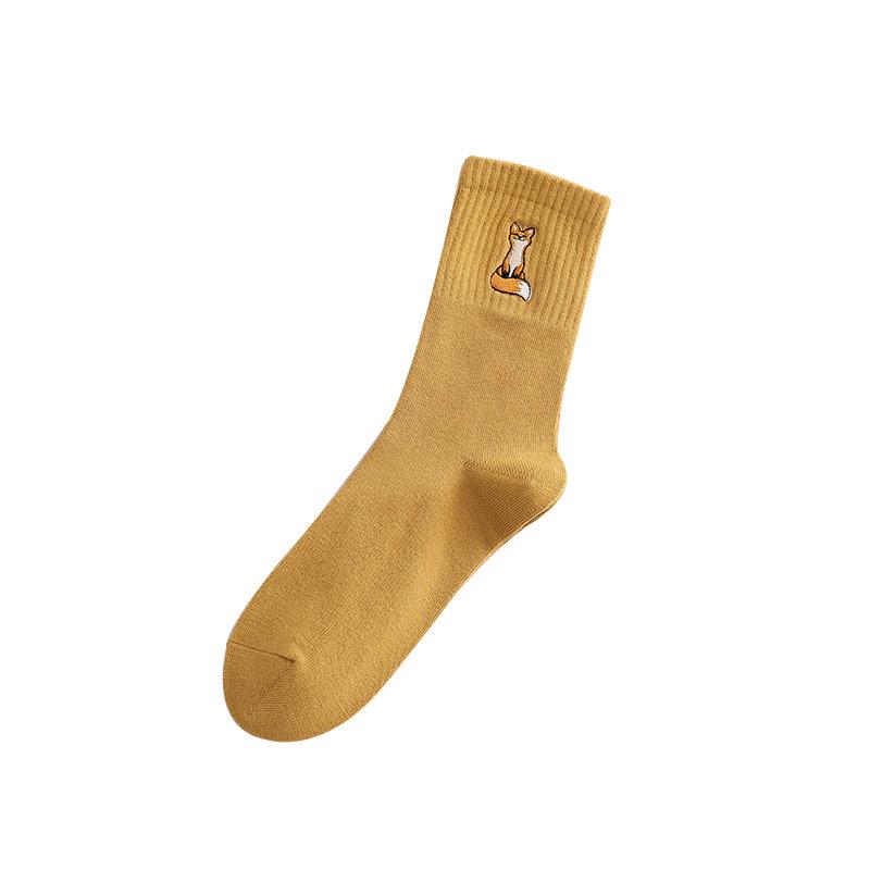 Nette Fox Stickerei Dicken Mittelrohr Socken Baumwolle Atmungsaktiv Einfarbig Frauen Socken Herbst Winter Cartoon Socken Sokken Mädchen gelb
