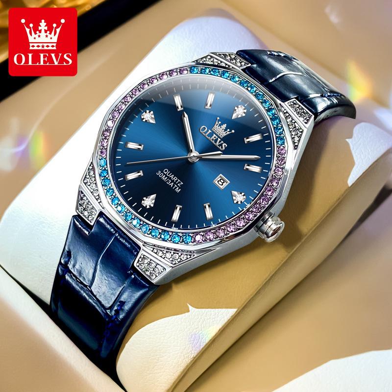 OLEVS Damenuhr Luxus Original Quarz Uhr Wasserdicht Leuchtend Diamantuhr Mode Elegant Damenuhr blau