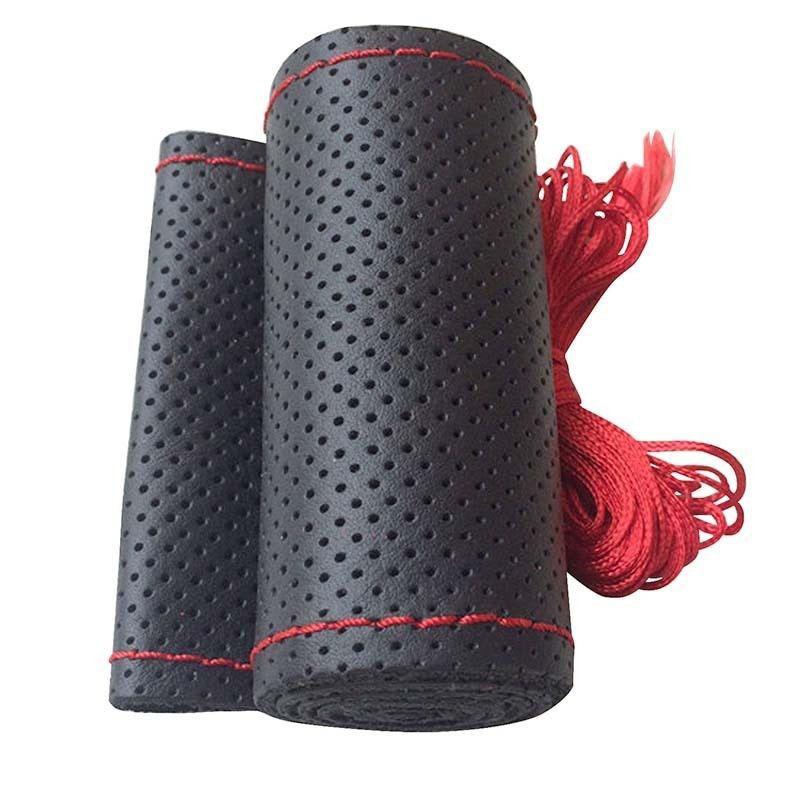 Auto-Handnäh-Lenkradbezug, Mikrofaser-Leder, schweißabsorbierend, atmungsaktiv, Lenkrad-Verschleißschutz 40cm rot/schwarz