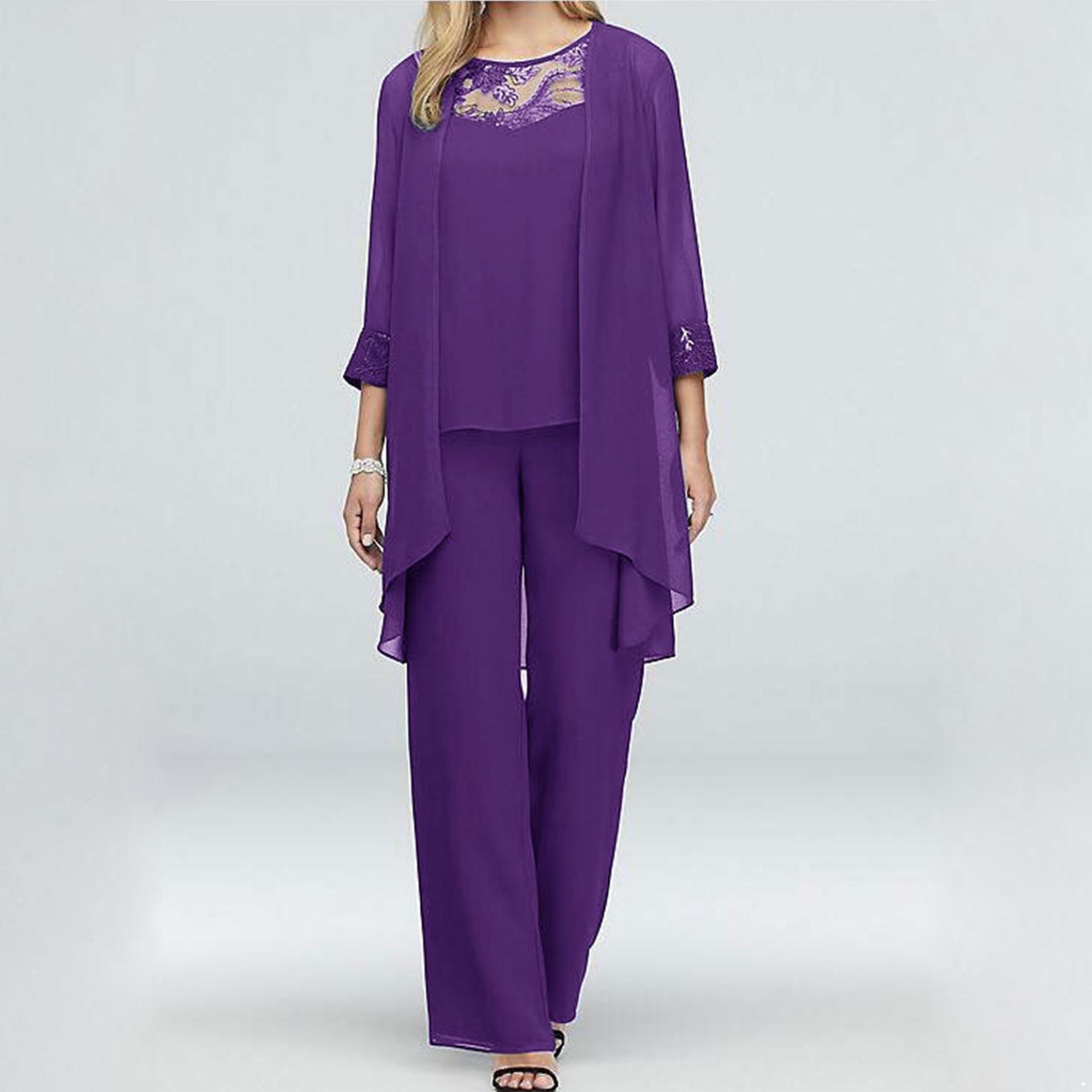 Hosenanzüge für die Mutter der Braut, 3-teilig, für Damen, Hochzeit, formelles Outfit-Set, Chiffon-Abendkleid, Übergröße 3XL violett