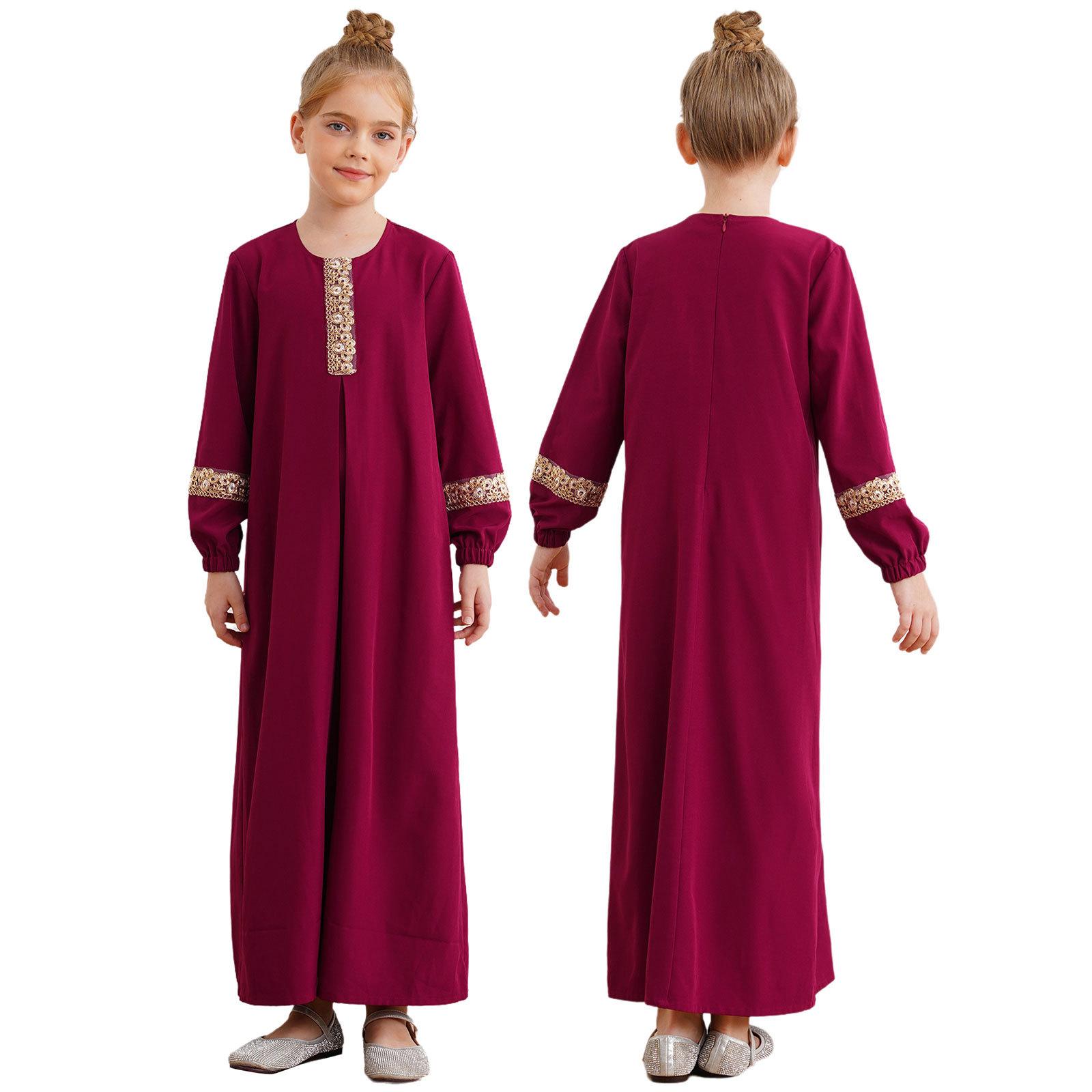 Mädchen Islamisches Abaya Kleid Langarm Rundhals Maxikleid Ramadan Maskerade Outfit 9-10 Years bordeaux