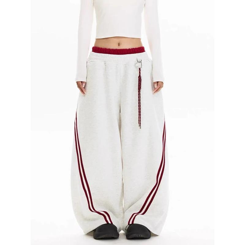 Damen Gestreifte Baggy Y2k Sporthosen Harajuku Streetwear Graue Jogginghosen Oversize Tanzhosen Vintage Hosen Frühling XS graue