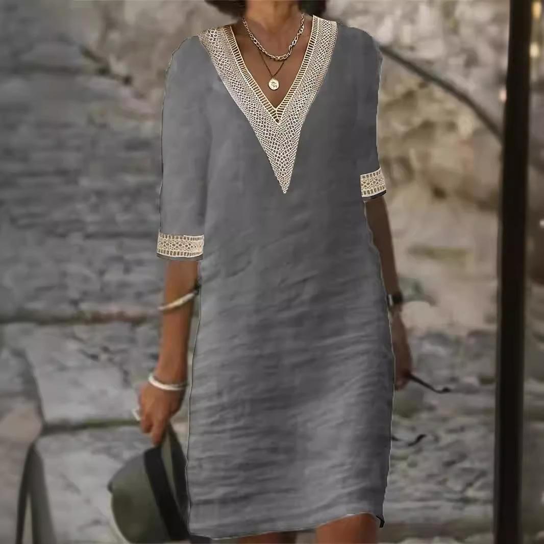 Damen Baumwolle Leinen Spitze Ausschnitt Manschette V-Ausschnitt Kleid Mode Einfarbig Aushöhlen Mini Kleid Damen Freizeit Halbarm Kleid S grau