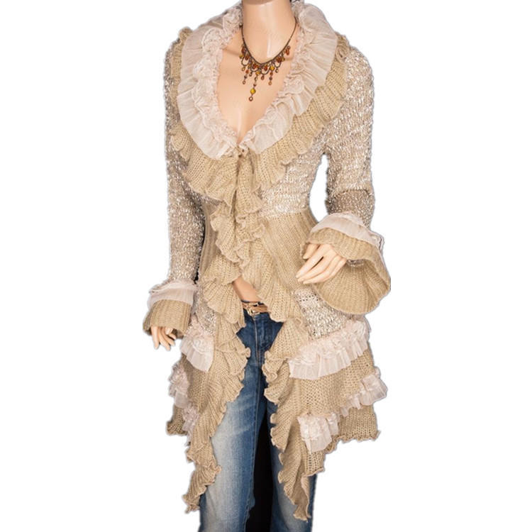 Damenmode-Cardigan-Pullover, einreihiger, mittellanger Mantel mit Spitzentrompetenärmeln One Size helle khaki