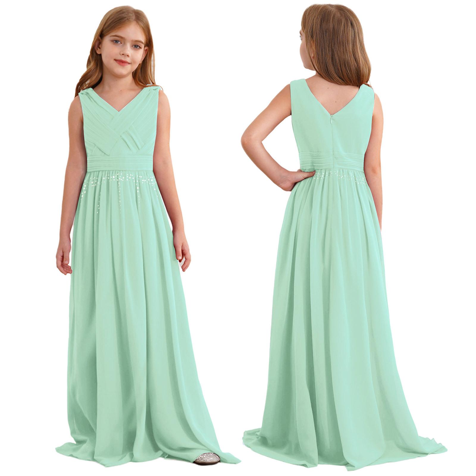 Blumenmädchen Kleid Ballkleid Chiffon Ärmellos Perlen Hochzeit Junior Brautjungfer Tanz Abschlussball Party Kleid 7-8 Years minze, grüne