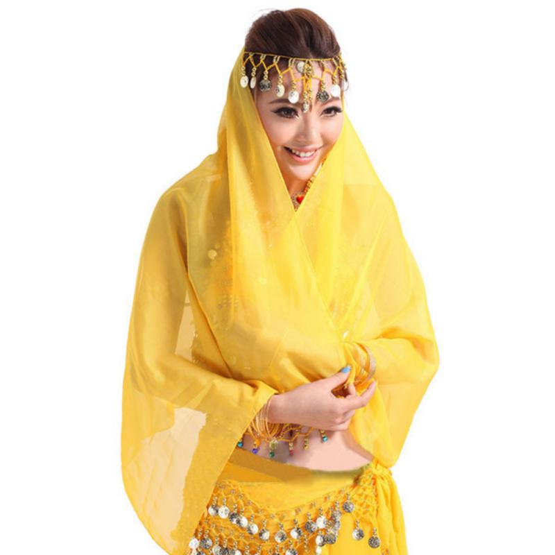 Bauchtanz-Kopfbedeckung für Damen, Chiffon, Münzen, Stirnband, Schal, Kopfbedeckung, Tanzkostüm gelb