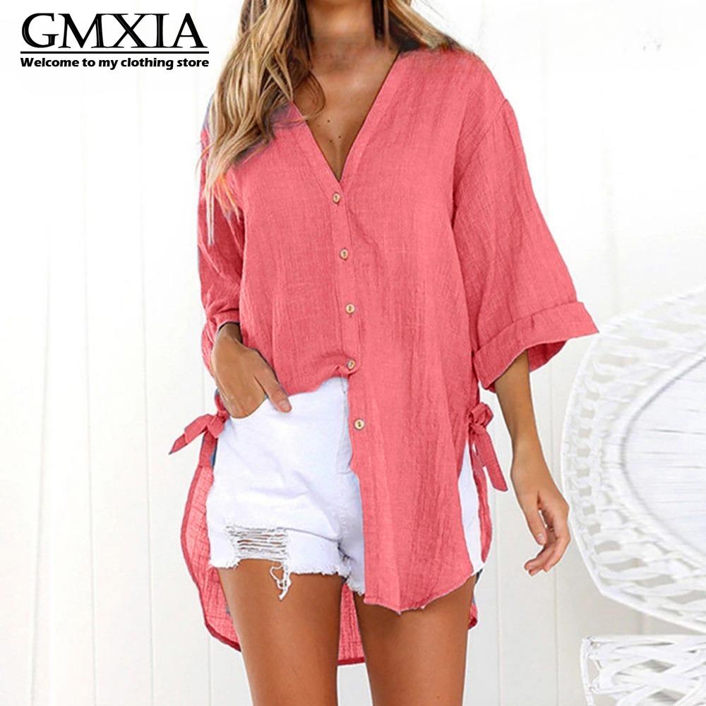 GMXIA Damenmode Lässig Freizeit Einfarbig Druck Langarm POLO-Kragen Blusen & Hemden XXXXXL rot