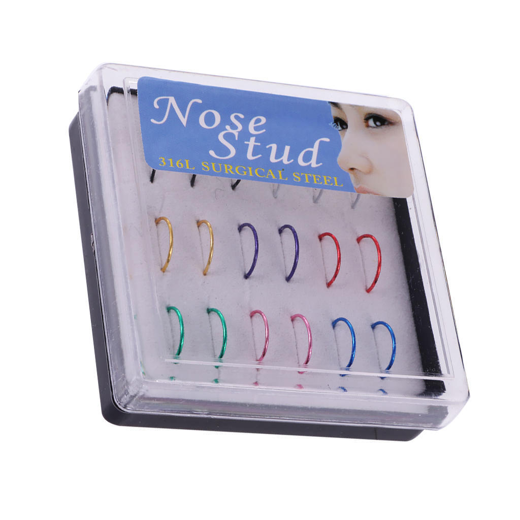 18 Stück gemischte Farben 316L Edelstahl Nasenstecker Creolen Piercing Ringe bunte