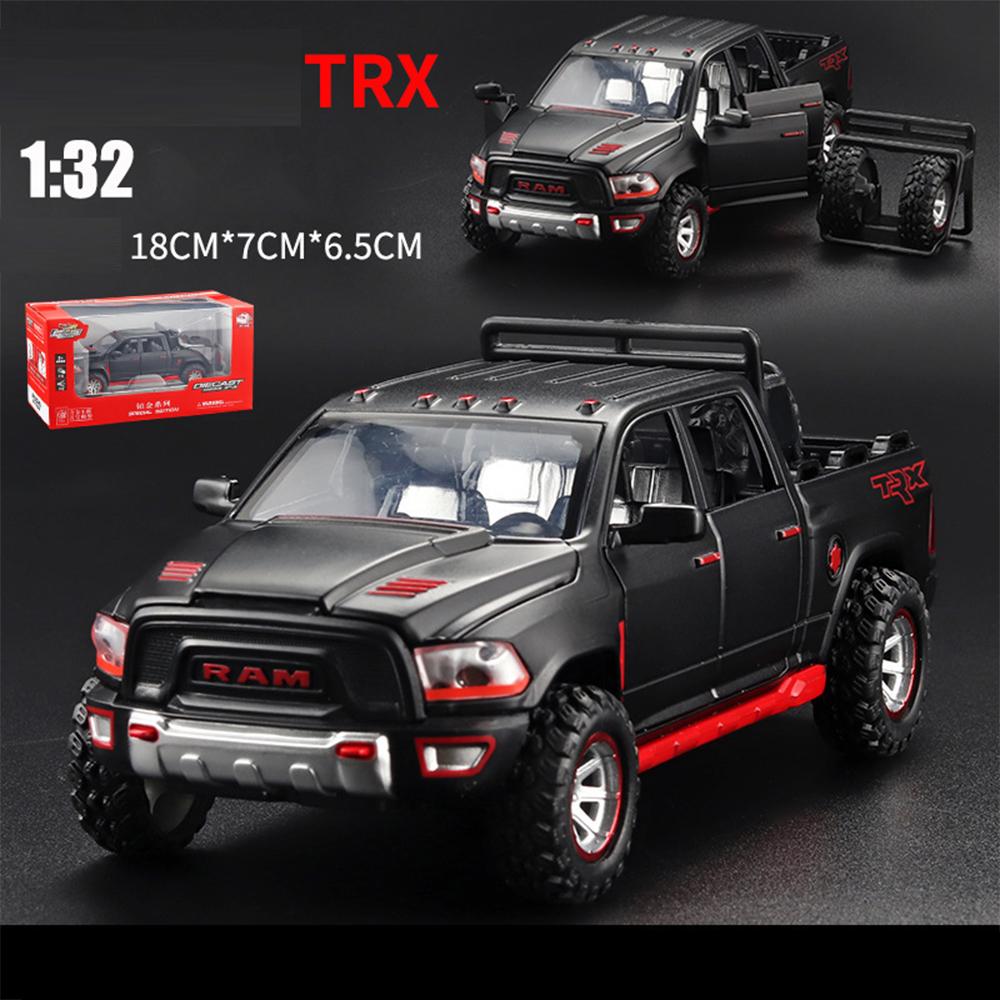 1/32 Dodge Spielzeug-Trucks für Jungen, RAM TRX 1500 Pickup-Truck-Spielzeug aus Druckgussmetall mit Licht und Sound, Auto-Spielzeug mit Rückziehfunktion für Kleinkinder 1/32-Size:18*7*6.5cm schwarz