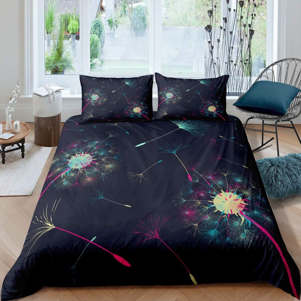 Löwenzahn-Bettbezug-Set, weißes Blumenmuster, Polyester, Bettbezug, King-Size-Bett, Queen-Size-Bett, volle Größe, für Kinder, Jungen, Mädchen, Bettwäsche-Set EU single(135x200cm)