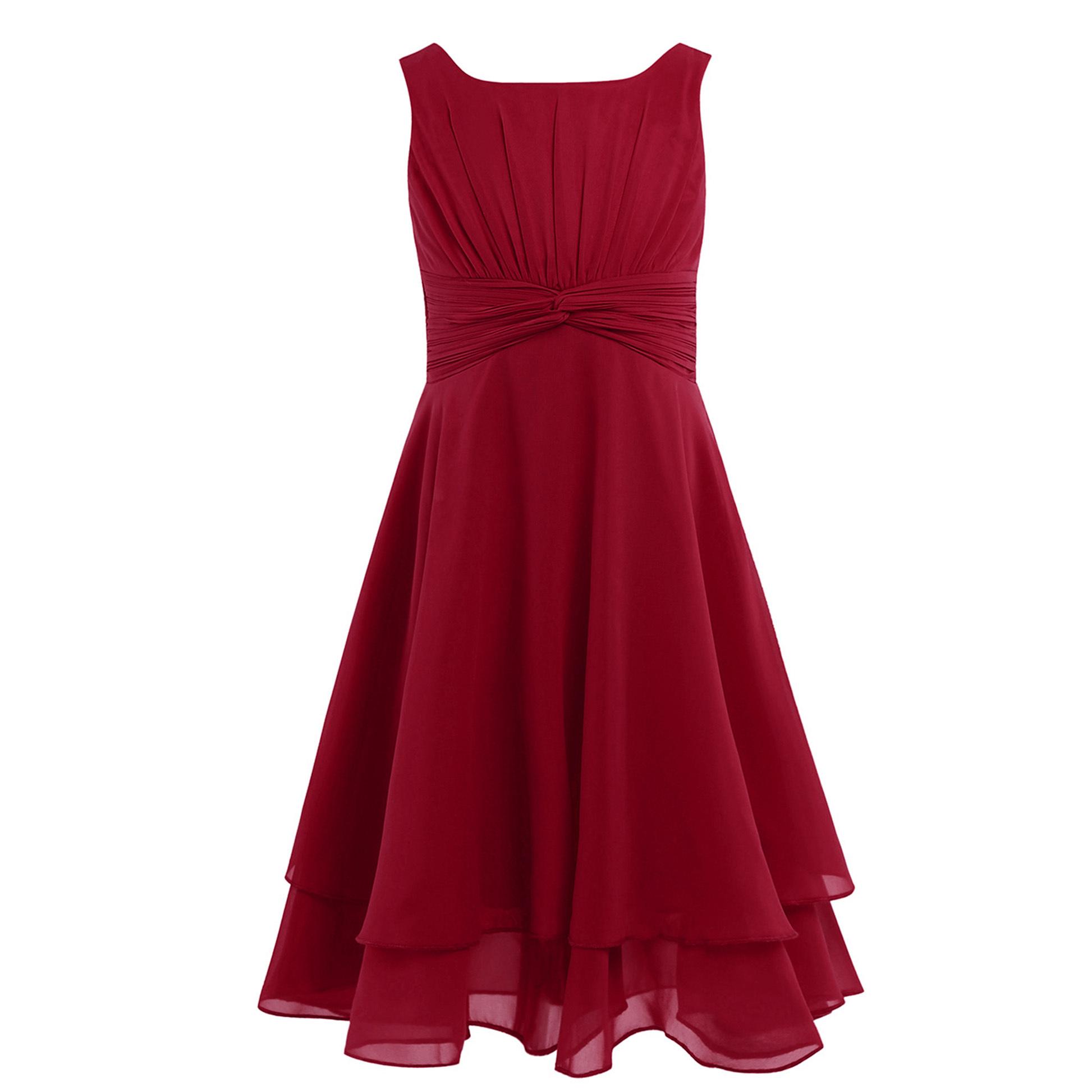 Blumenmädchenkleid für Kinder, Chiffon, geknotete Taille und gerüschtes Partykleid, Hochzeitsfestzug, Abschlussball, formelles Abendkleid 7-8 Years wein rot