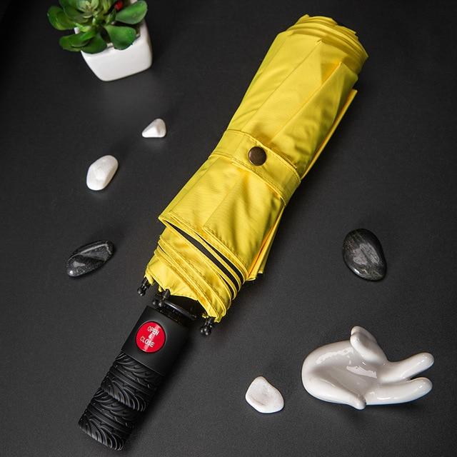 46-Zoll-Regenschirm für Herren und Damen, Anti-UV-Regen, winddicht, Reise-Regenschirm, 3-fach faltbar, automatisches Öffnen und Schließen, automatischer Regenschirm, schwarze Beschichtung, UV-Regenschirm gelb