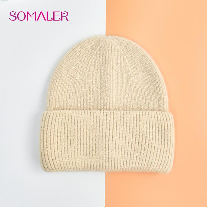 SOMALER Winter Angora Wolle Gestrickte Mütze Weich Warm Flauschig Kaninchenfell Strick Einfache Mützen für Damen beige
