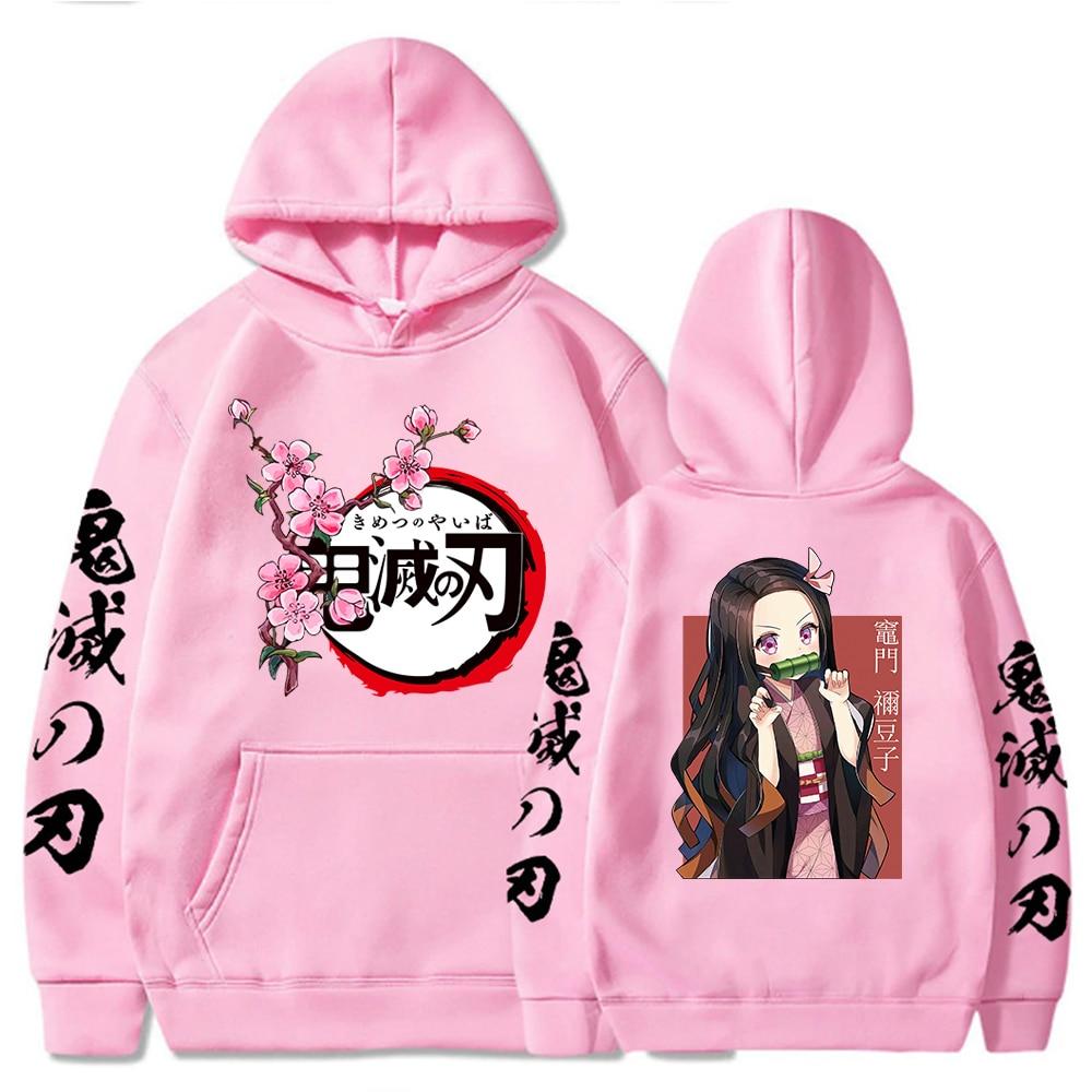 Japan Anime Kawaii Dämon Slayer Kamado Nezuko Manga Hoodies Sweatshirts Tops Pullover Streetwear Unisex Cartoon Sweatshirt S rosa