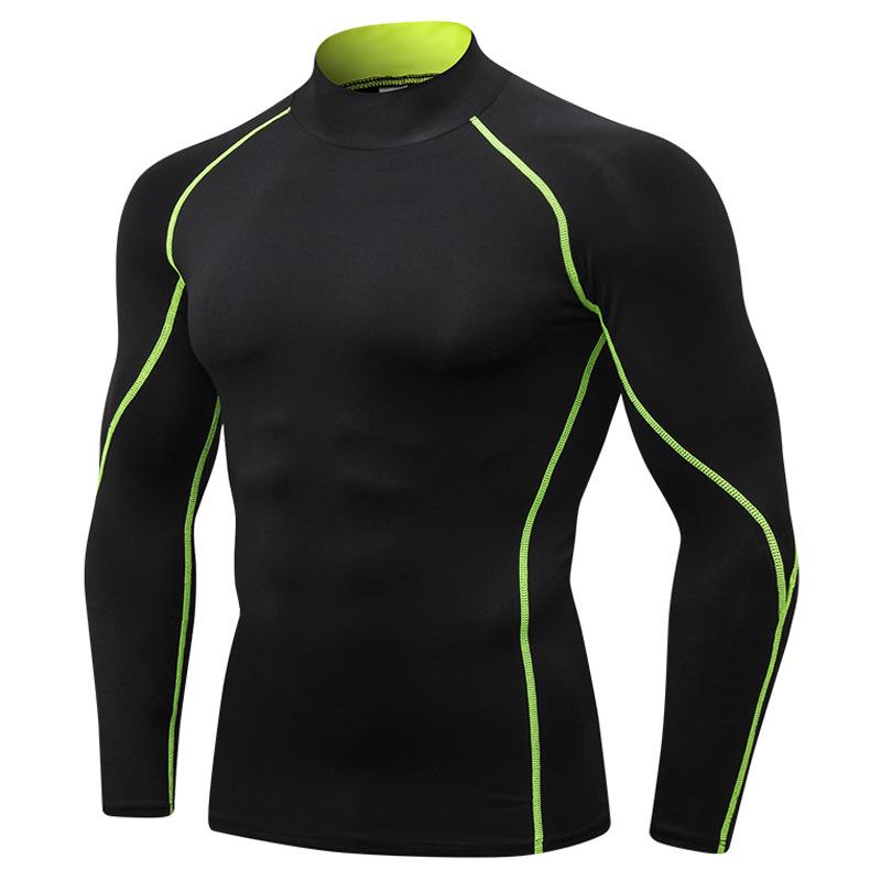 Sport-T-Shirts für Herren, Sportbekleidung, schnell trocknend, Stehkragen, PRO-Shirt, Kompression, Laufen, Langarm, Bodybuilding-Oberteile L grün/schwarz