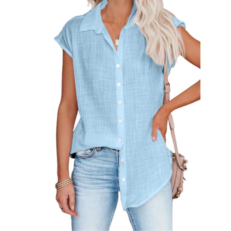 Sommer Ärmellos Einfarbig Locker Bluse Hemden Lässig Damen Umlegekragen Knopf Bluse Tops 2XL blau