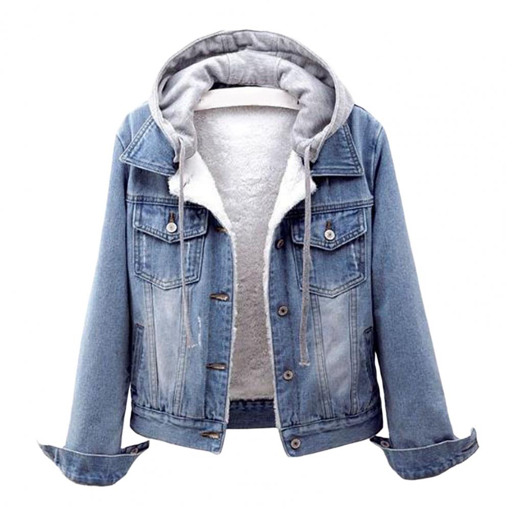 Herbst Winter Damen Plüsch Warme Jeansjacke Mantel Baumwolle Mode Kurz Blaue Jeansjacke Damen Kapuzenpullover Oberbekleidung L hellblaue