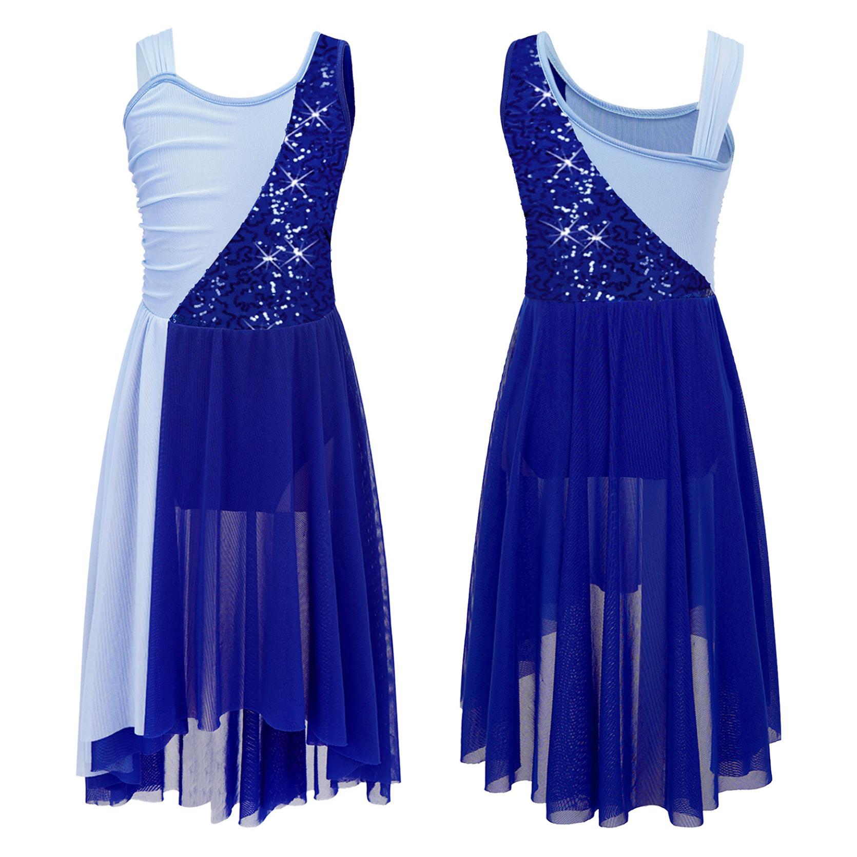 Kinder Mädchen ärmellose Chiffon Lyrical Dance Kostüme Farbblock Trikot Kleid moderne zeitgenössische Kleider 13-14 Years navy blau