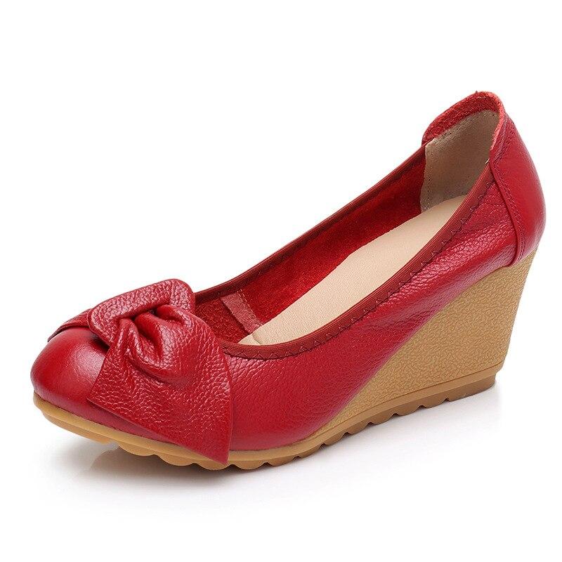 100% echtes Leder High Heels Frauen Keil Schuhe Casual Frau Schuhe Elegante Damen Keile Weiche Bequeme Weibliche Schuhe 38 rot