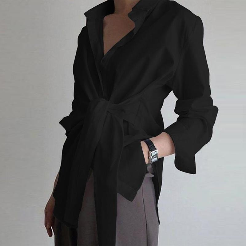 Langarm Frauen Shirt Frauen Baumwolle Büro Blusen Taste Weiße Blusen Weibliche Geraffte Schwarz Lose Shirts Für 18659 L schwarz