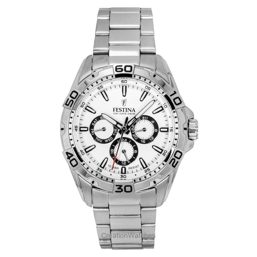 Festina Edelstahl Multifunktion Weißes Zifferblatt Quarz F20623-1 100M Herrenuhr weiß