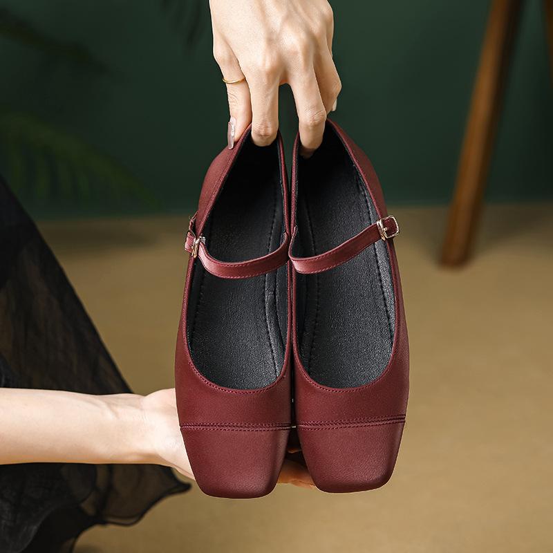 Mary-Jane-Schuhe für Damen, leichte Ballerinas mit Schnallenriemen, elegante Schuhe, lässige Slip-On-Schuhe mit quadratischer Zehenpartie, flache Schuhe für Damen, bequeme Laufschuhe 40 bordeaux