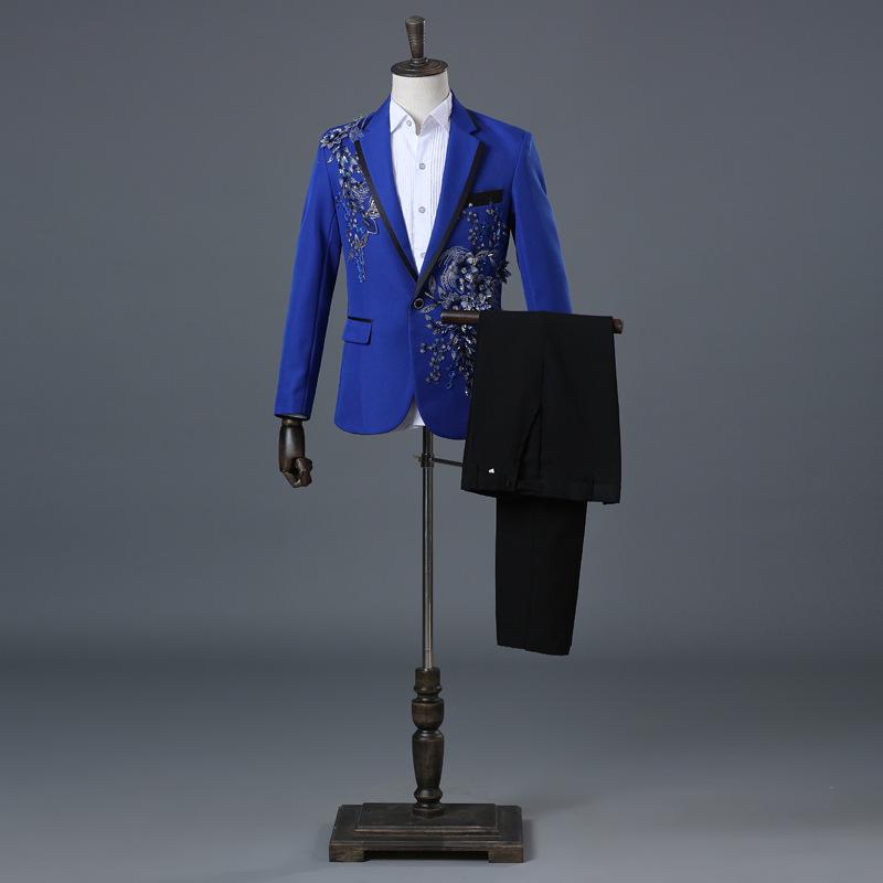 Eleganter, mit Applikationen verzierter Herrenanzug im Slim Fit, 2-teiliger formeller Smoking, Blazer, Hose mit Fliege für den Hochzeitsball XXXL blau