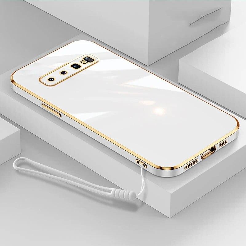 Für Samsung S10 Hülle Galaxy S10+ Luxus Square Plating Galaxy S10 Plus Handyhülle Stoßfeste weiche TPU Silikon Rückseite Fundas Galaxy S10&Case & Strap schneeweiße