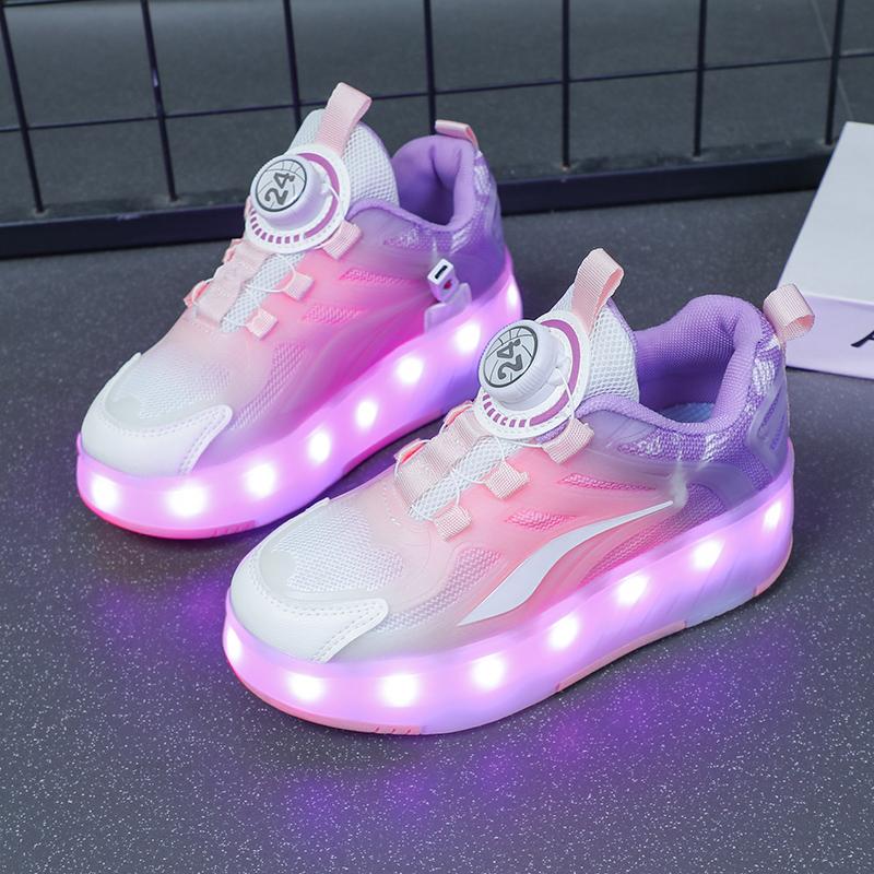 Vier Rad Neue Mesh Wiederaufladbare LED Wanderschuhe Rotierenden Knopf kinder Rollschuhe Mädchen Schuhe Jungen Wanderschuhe 30 rosa