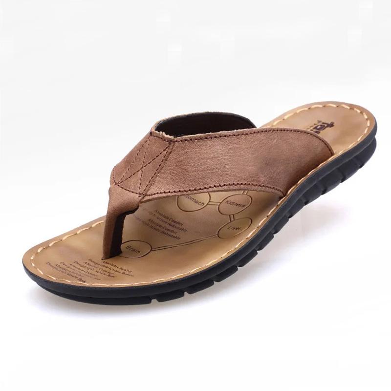 Sommerschuhe Herren Hausschuhe Leder Herren Flip Flops Flache Herren Sandalen Urlaub Rutschfest Strand Lederschuhe 43 khaki