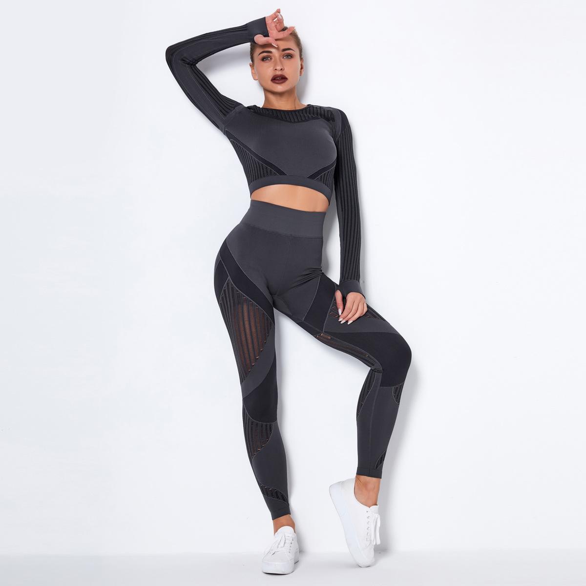 Mesh Yoga Set Auroth Frauen Sport Kleidung Langarm Shirt Sport Legging Set Hohe Taille Gym Tragen Engen Yoga Anzug XS dunkelgrau