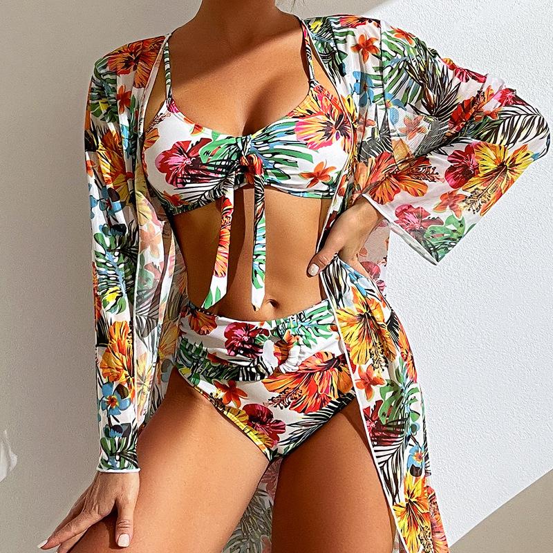 Sexy Damen-Strandbikinis, dreiteiliges Bikini-Set, Bademode mit hoher Taille, Bikini-Set für Damen, Bademode mit Druck L weiß